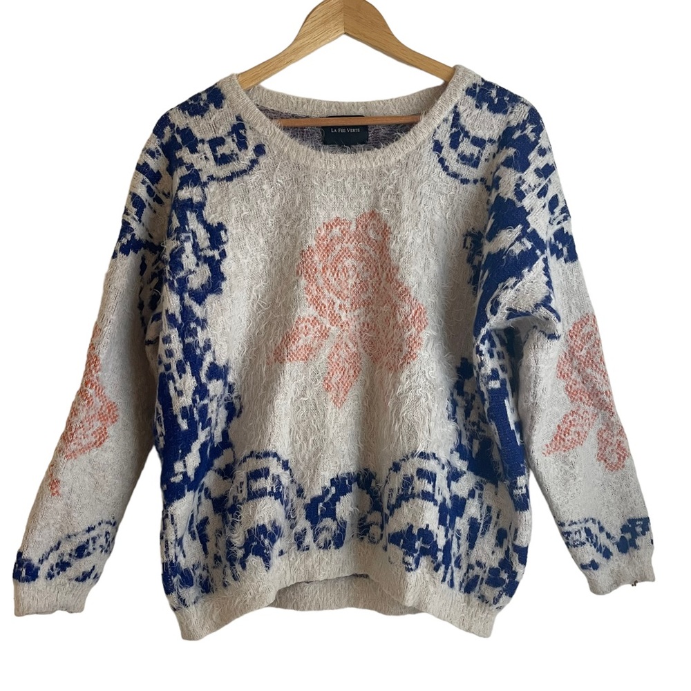 Anthropologie La Fee Verte Sweater Eyelash Floral Scroll Fuzzy Knit Size Large